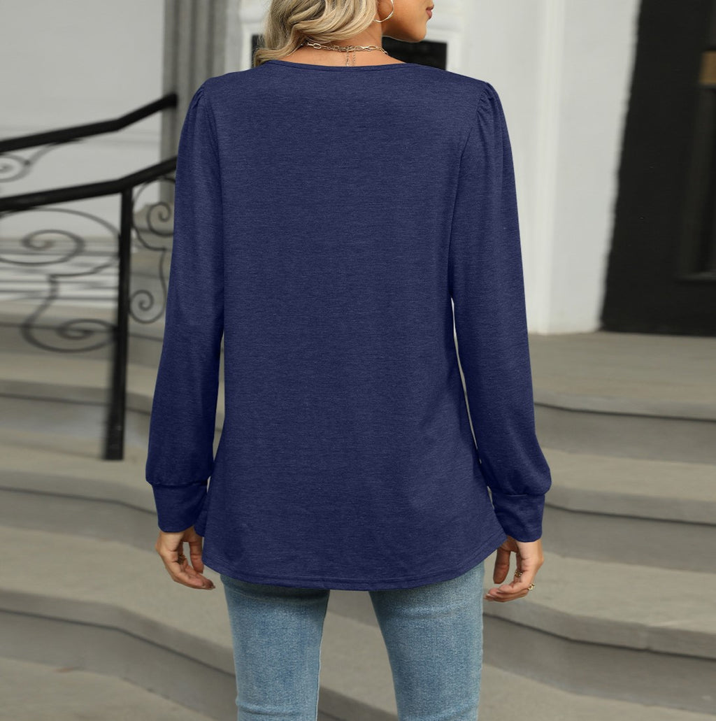 Pintuck Yoke Long Sleeve Tunic Top - Navyblue - 1
