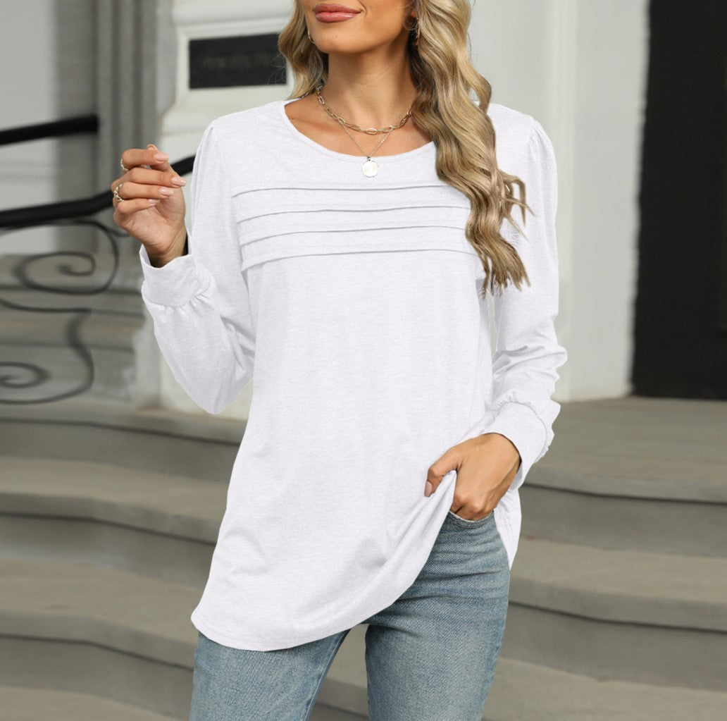 Pintuck Yoke Long Sleeve Tunic Top - White - 1