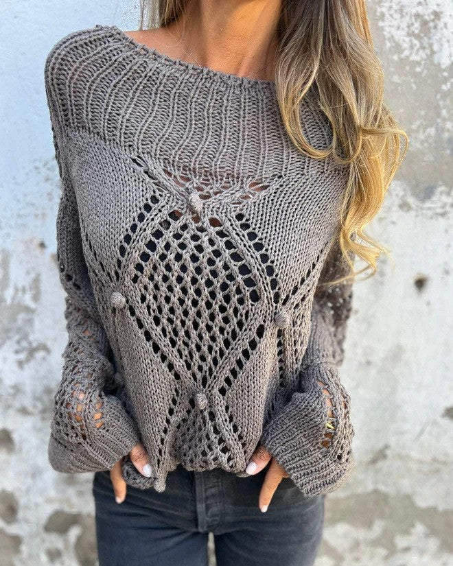 Openwork Pointelle Knit Mock Neck Sweater - Grey