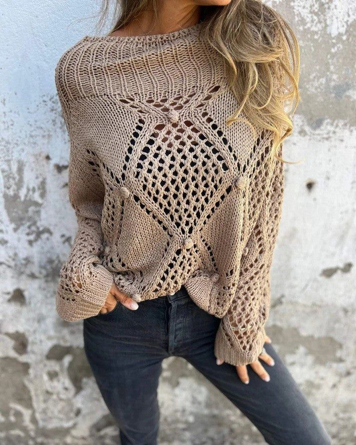 Openwork Pointelle Knit Mock Neck Sweater - Khaki