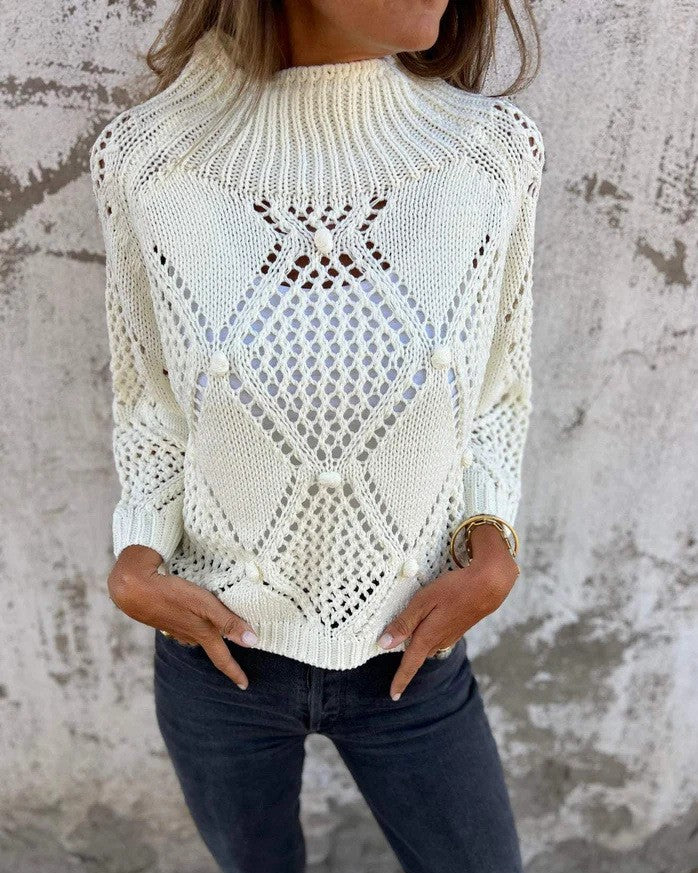Openwork Pointelle Knit Mock Neck Sweater - White