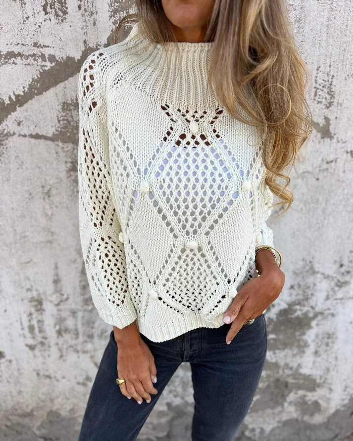 Openwork Pointelle Knit Mock Neck Sweater - White - 1