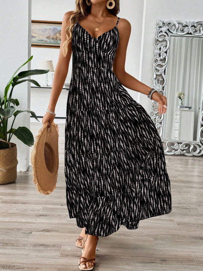 Tie Back Striped Cami Maxi Dress - black