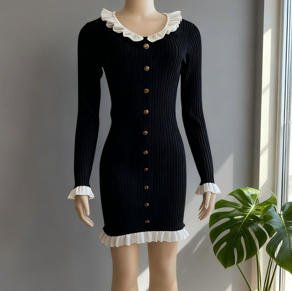 Ruffle Trim Button Front Knit Mini Dress - Black - 1