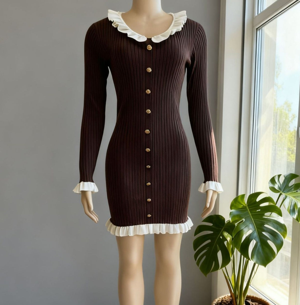 Ruffle Trim Button Front Knit Mini Dress - Brown