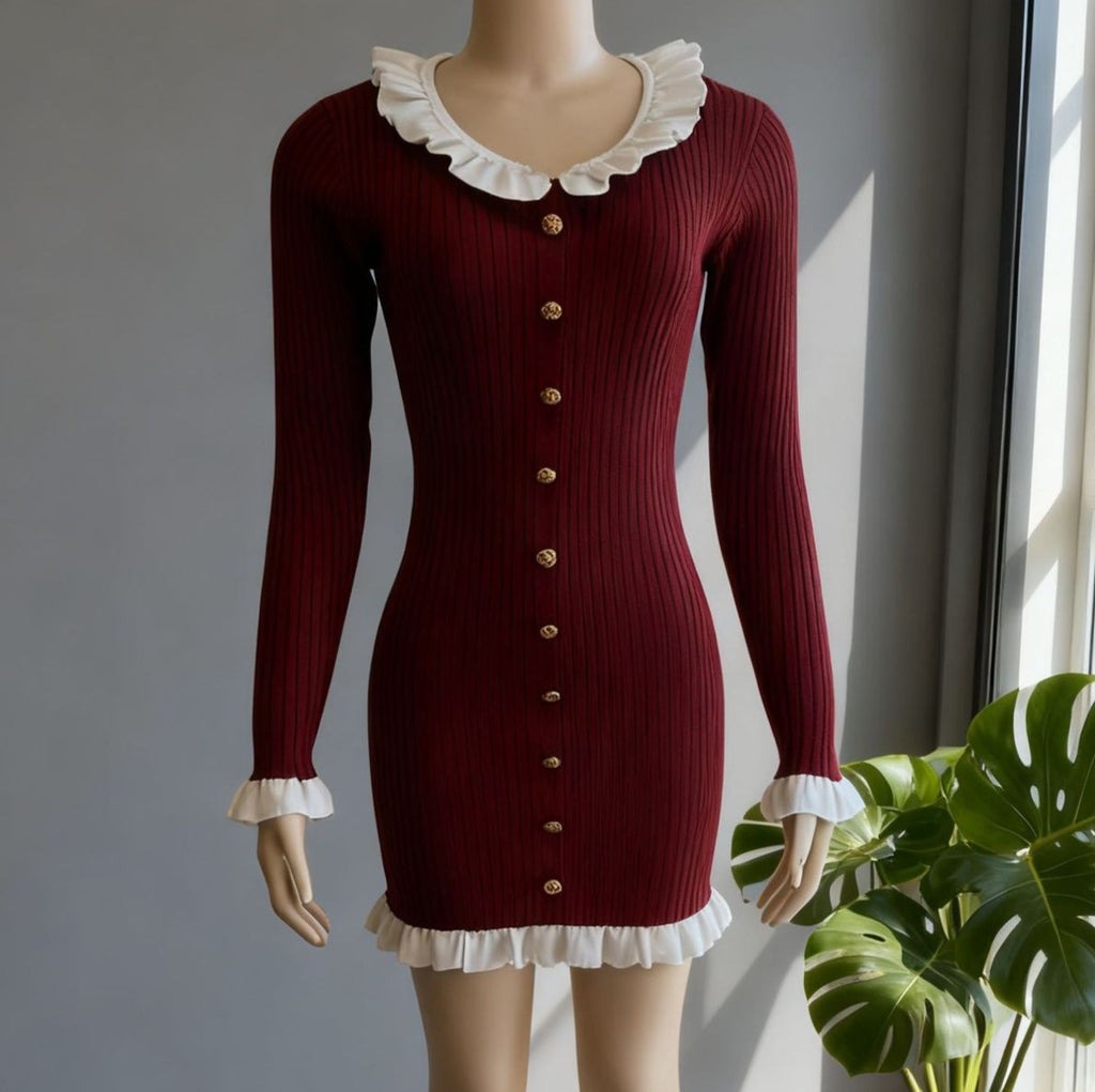 Ruffle Trim Button Front Knit Mini Dress - Winered
