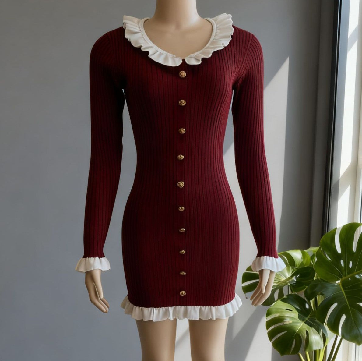 Ruffle Trim Button Front Knit Mini Dress - Winered