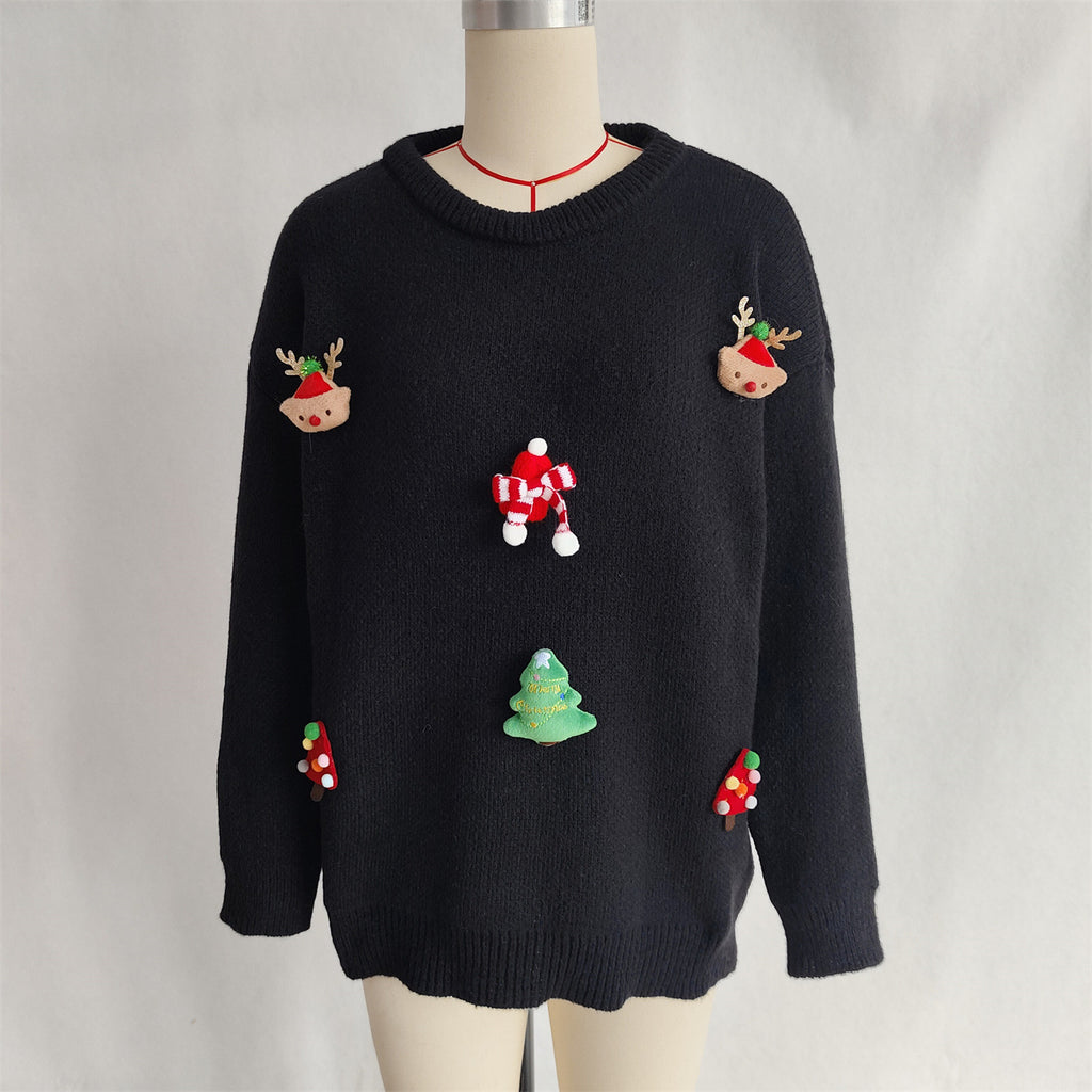 Holiday Character Applique Crewneck Knit Sweater - Black