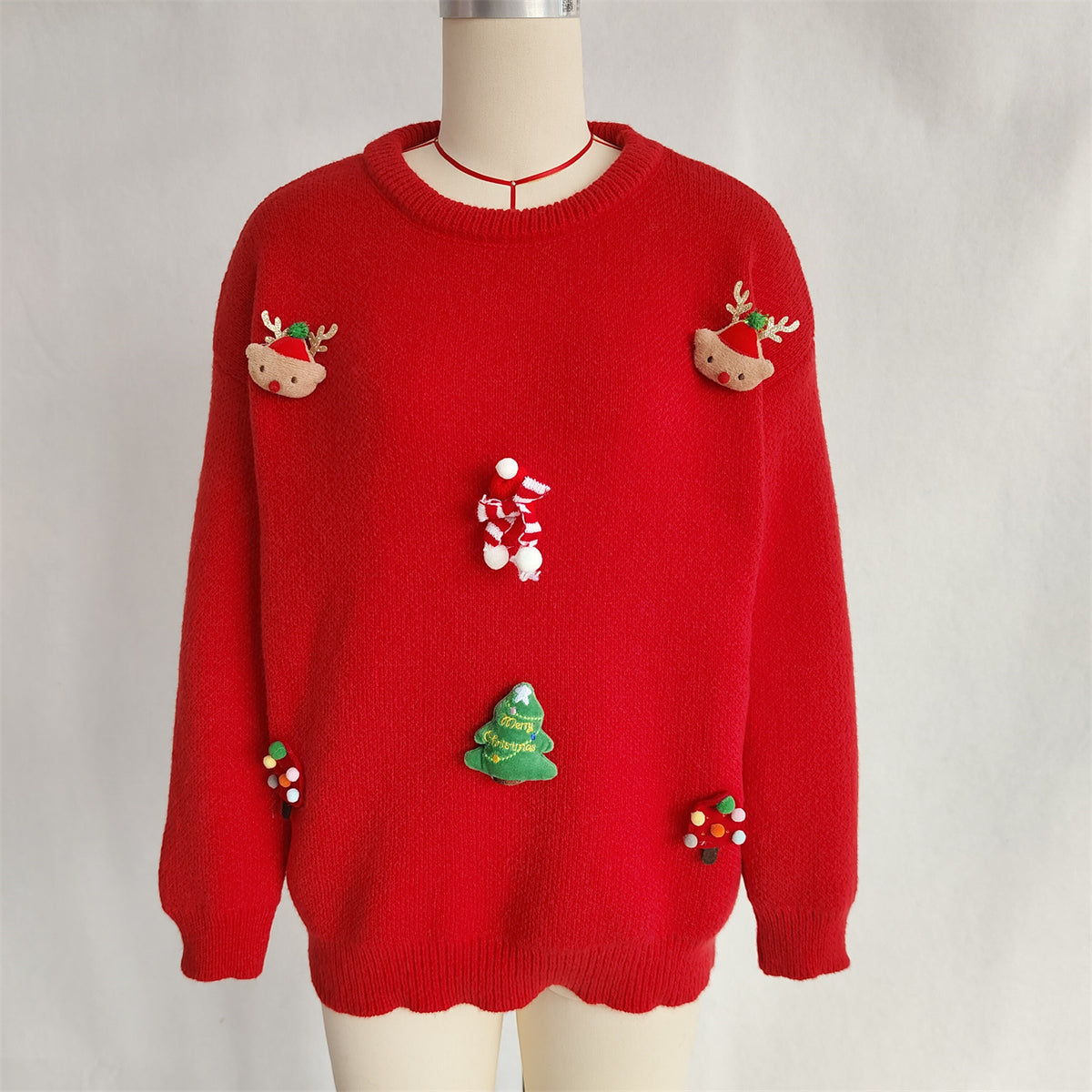 Holiday Character Applique Crewneck Knit Sweater - Red