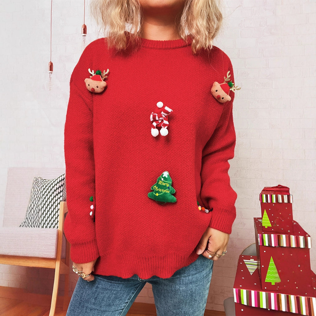 Holiday Character Applique Crewneck Knit Sweater - Red - 1