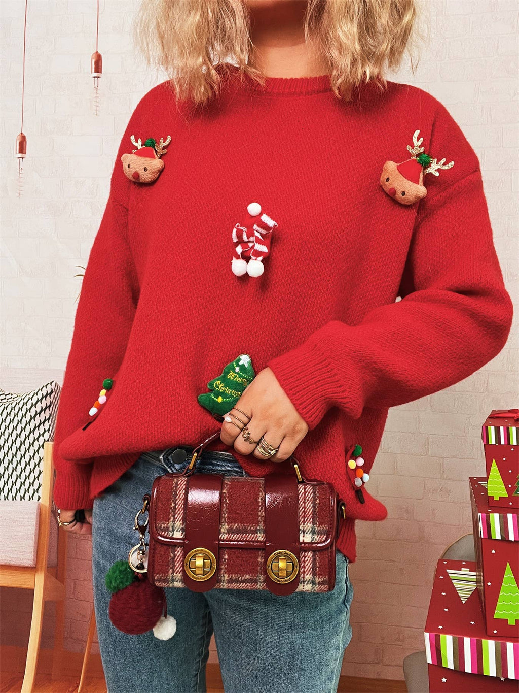 Holiday Character Applique Crewneck Knit Sweater