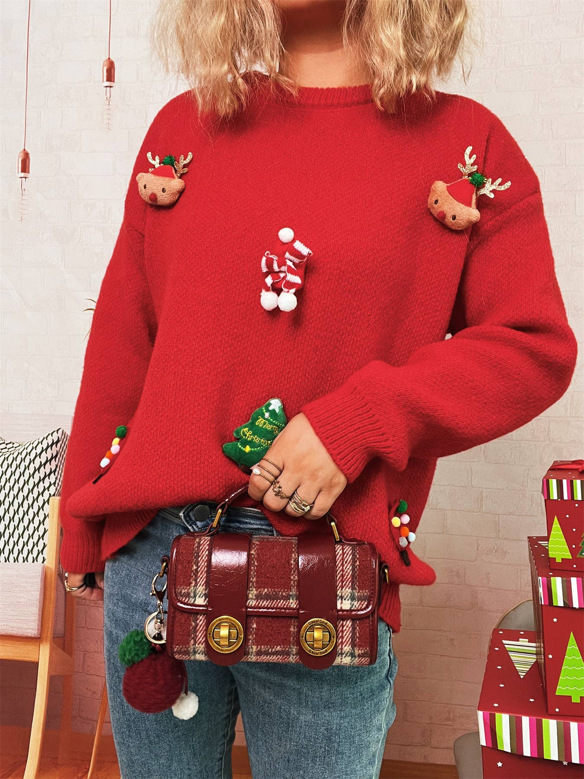 Holiday Character Applique Crewneck Knit Sweater