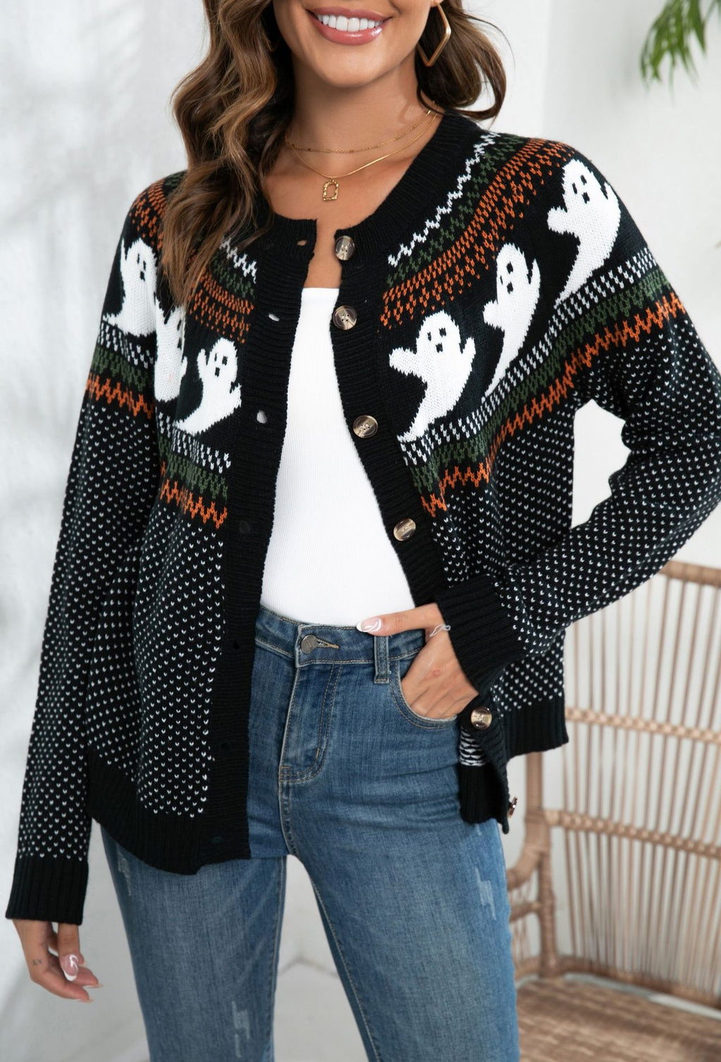 Ghost Motif Buttoned Fair Isle Cardigan - Black