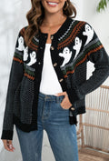 Ghost Motif Buttoned Fair Isle Cardigan - Black