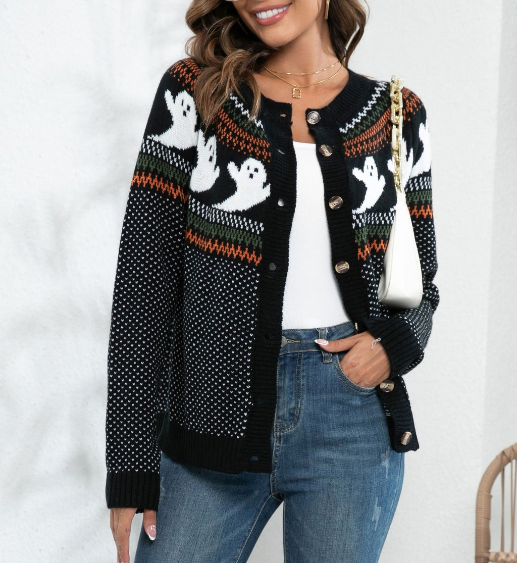 Ghost Motif Buttoned Fair Isle Cardigan - Black - 1
