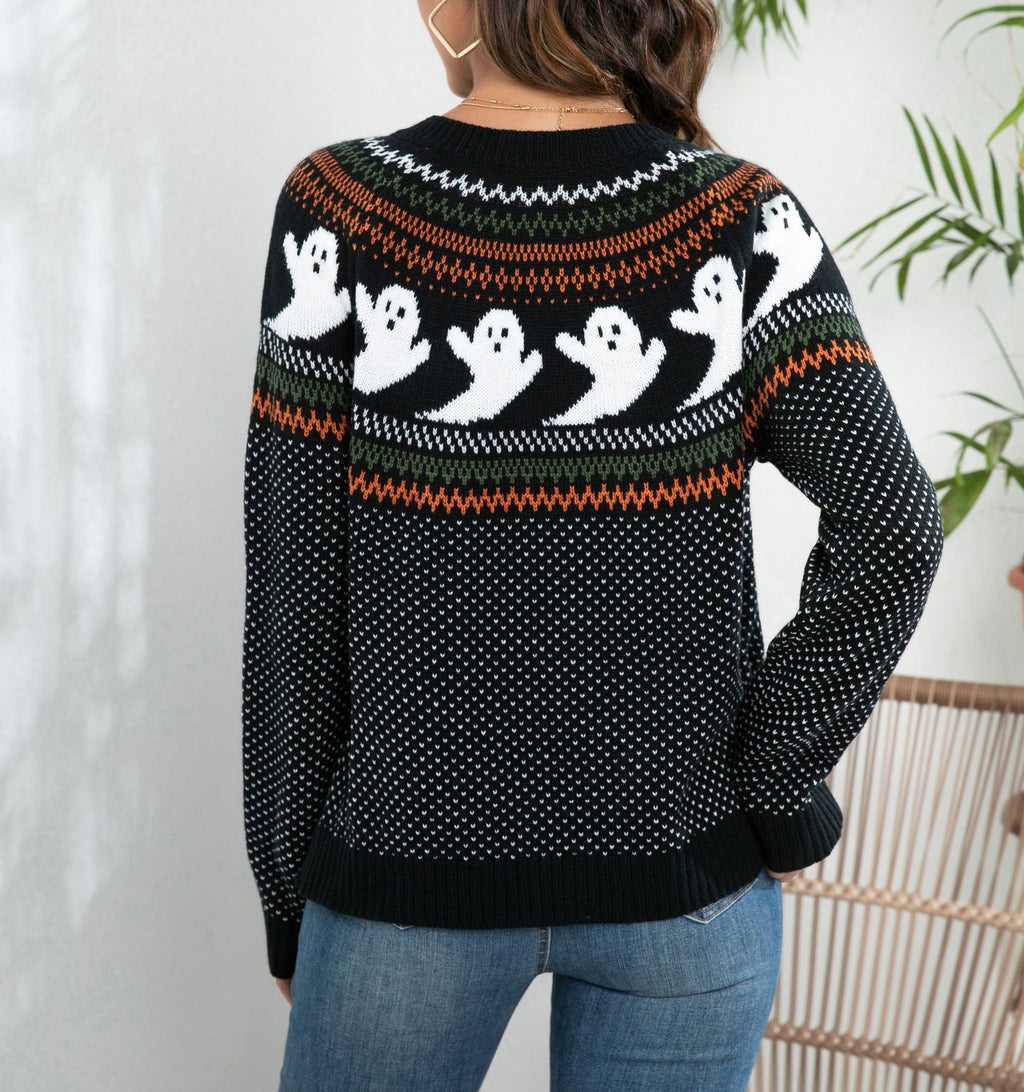 Ghost Motif Buttoned Fair Isle Cardigan - Black - 4