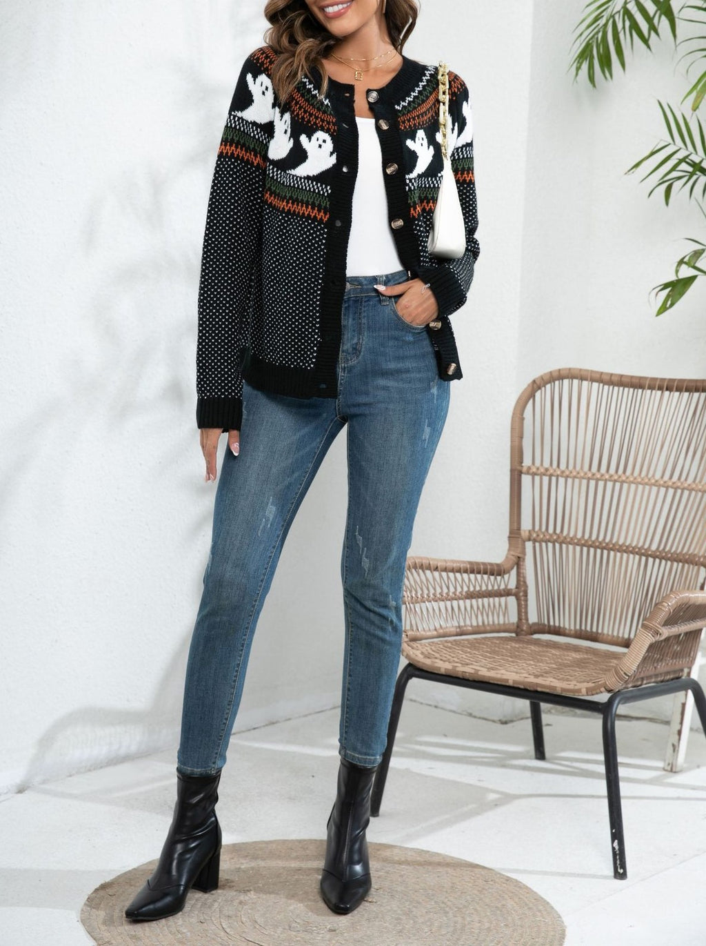 Ghost Motif Buttoned Fair Isle Cardigan - Black - 6