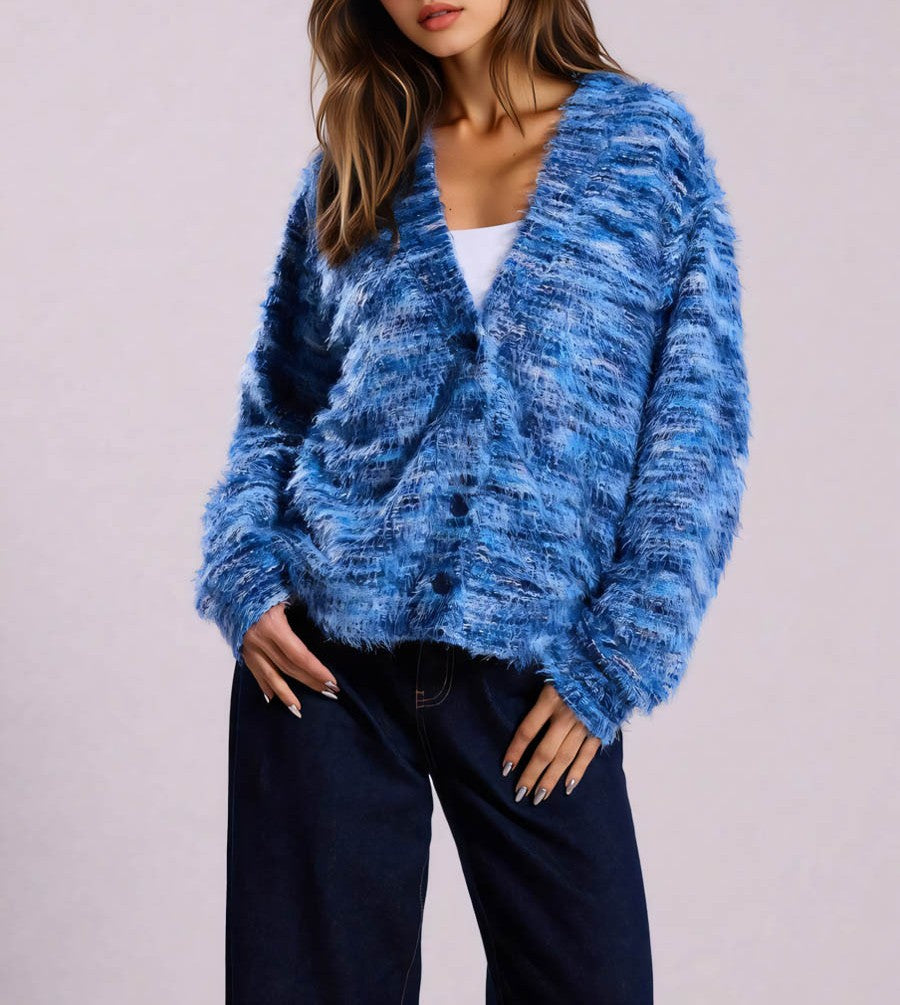 Space Dye Fuzzy Oversized V Neck Cardigan - Blue