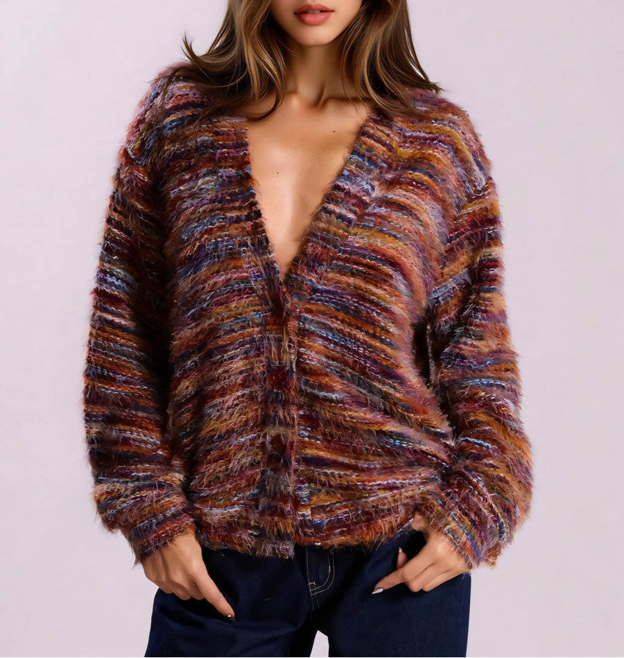 Space Dye Fuzzy Oversized V Neck Cardigan - Bronze