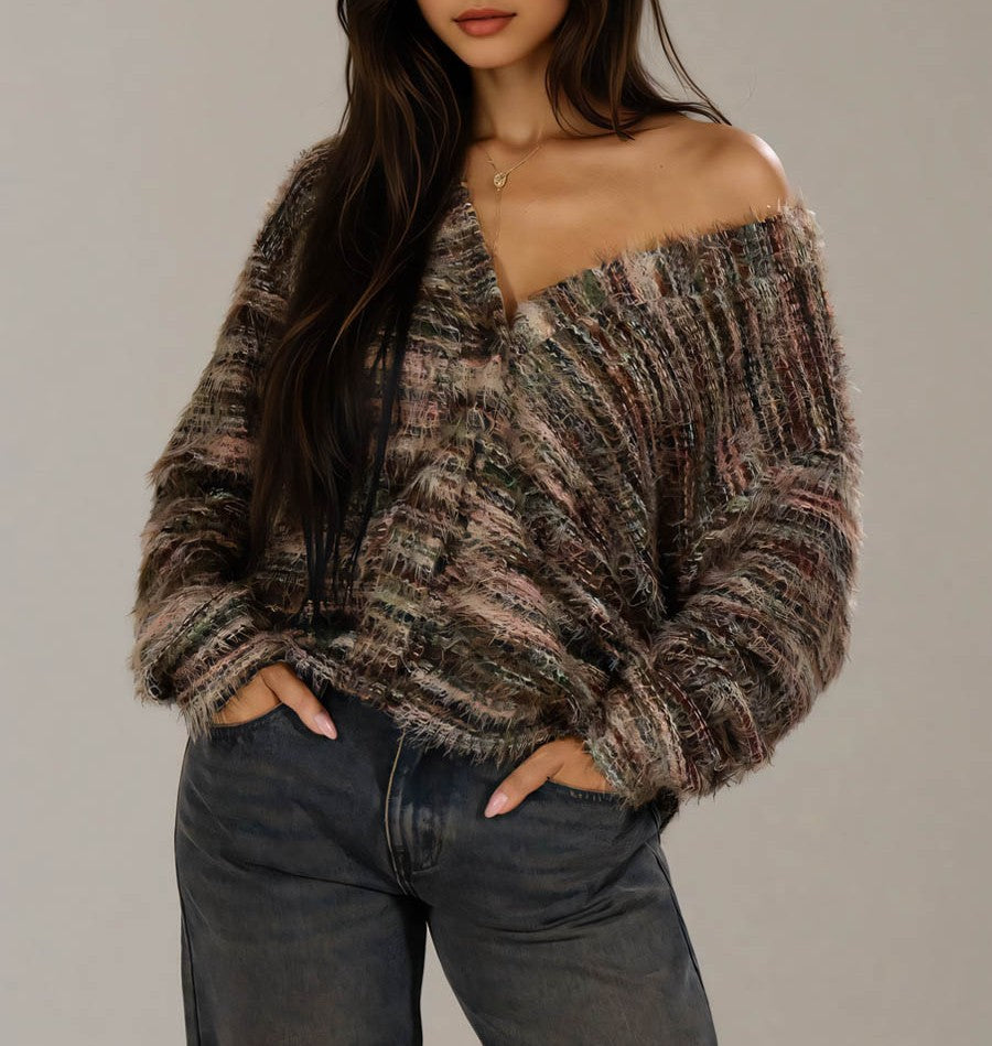 Space Dye Fuzzy Oversized V Neck Cardigan - Coffee