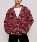 Space Dye Fuzzy Oversized V Neck Cardigan - Red