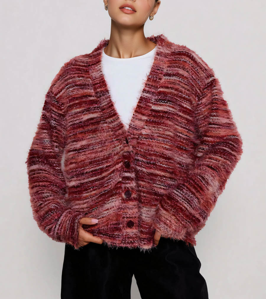 Space Dye Fuzzy Oversized V Neck Cardigan - Red