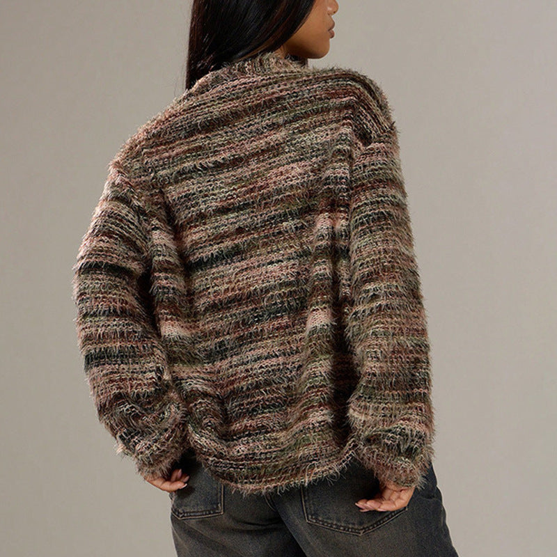 Space Dye Fuzzy Oversized V Neck Cardigan
