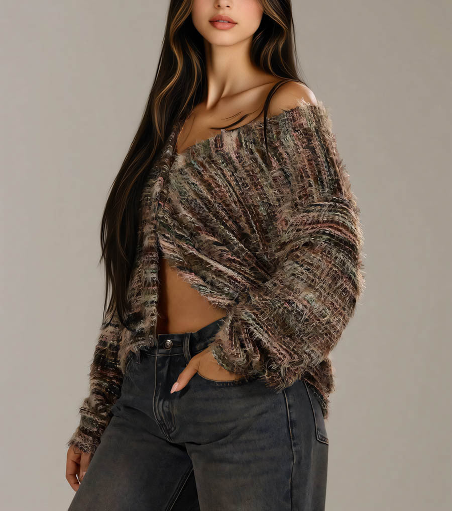 Space Dye Fuzzy Oversized V Neck Cardigan - view 1