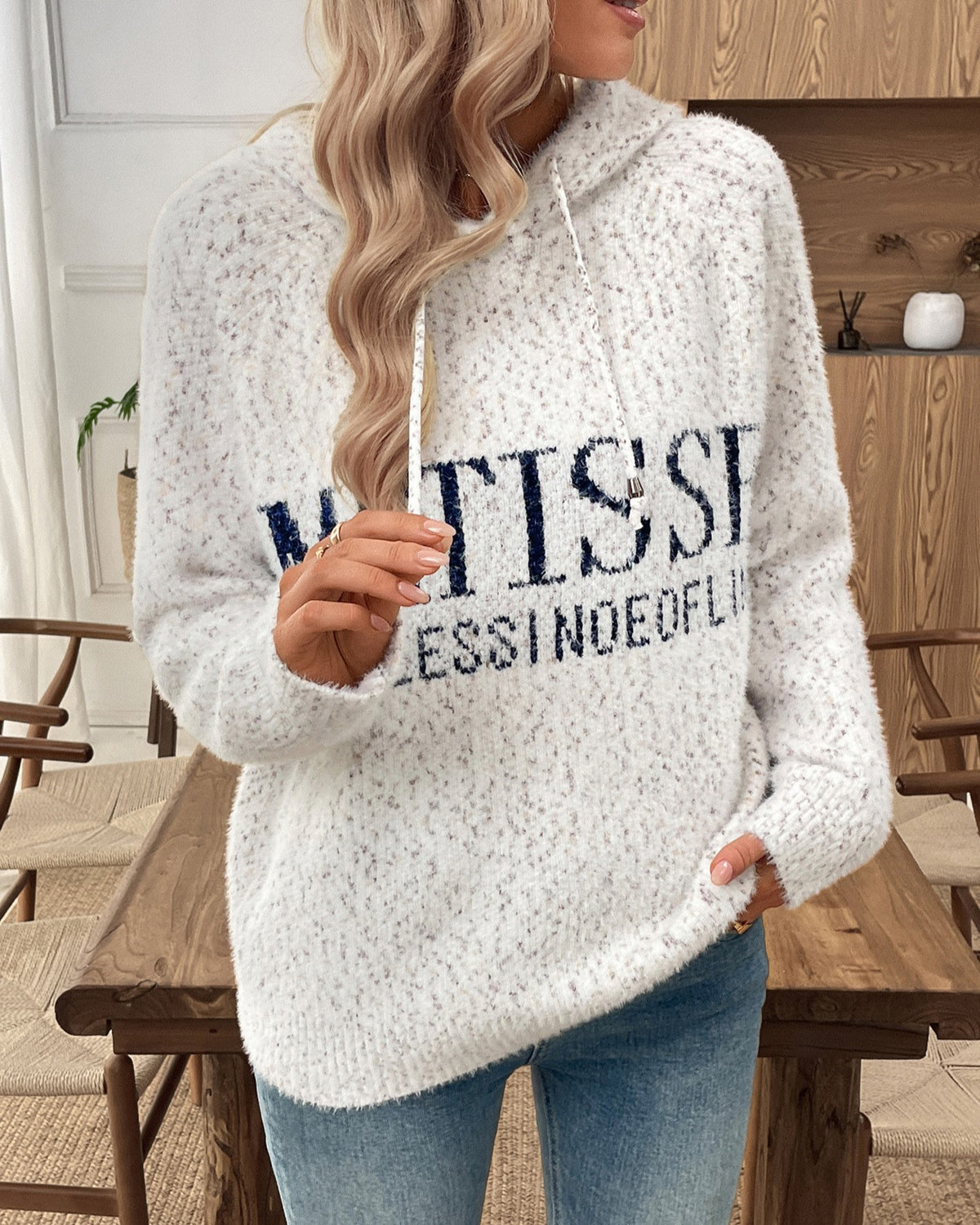 Speckled Hooded Knit Sweater with Lettering - Off-White - 2