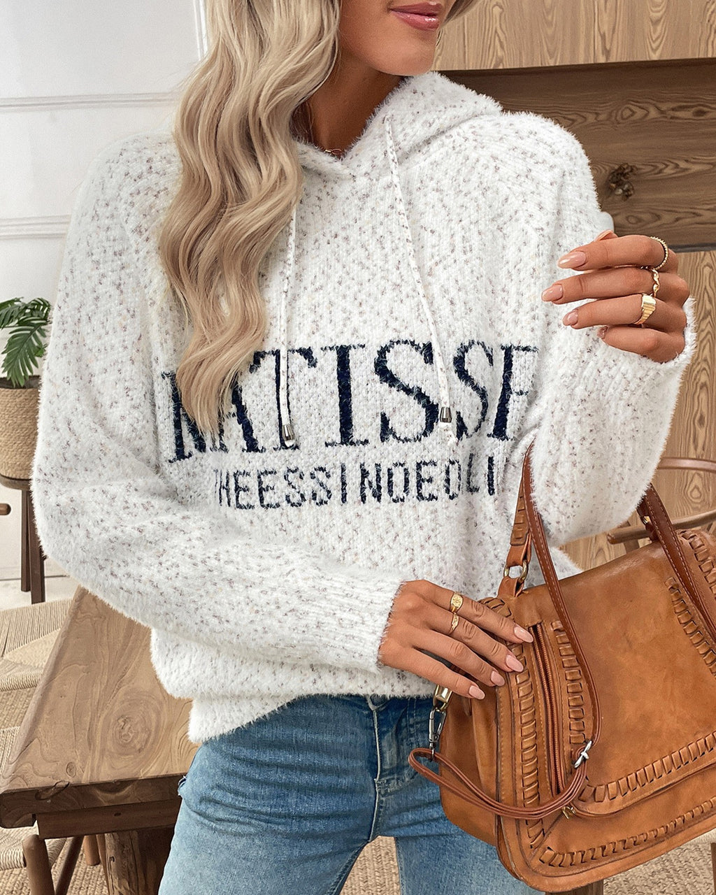 Speckled Hooded Knit Sweater with Lettering - Off-White - 3