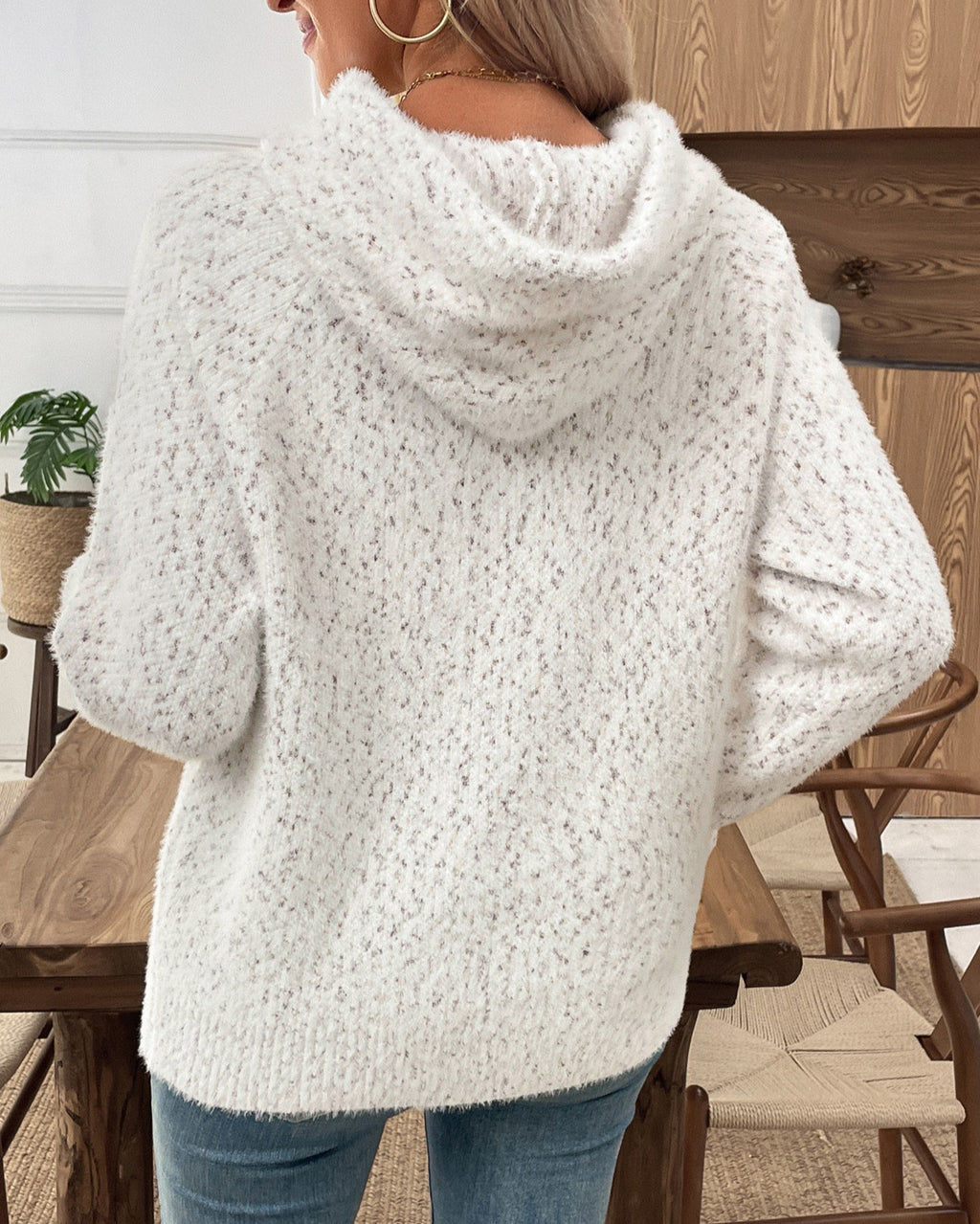 Speckled Hooded Knit Sweater with Lettering - Off-White - 4