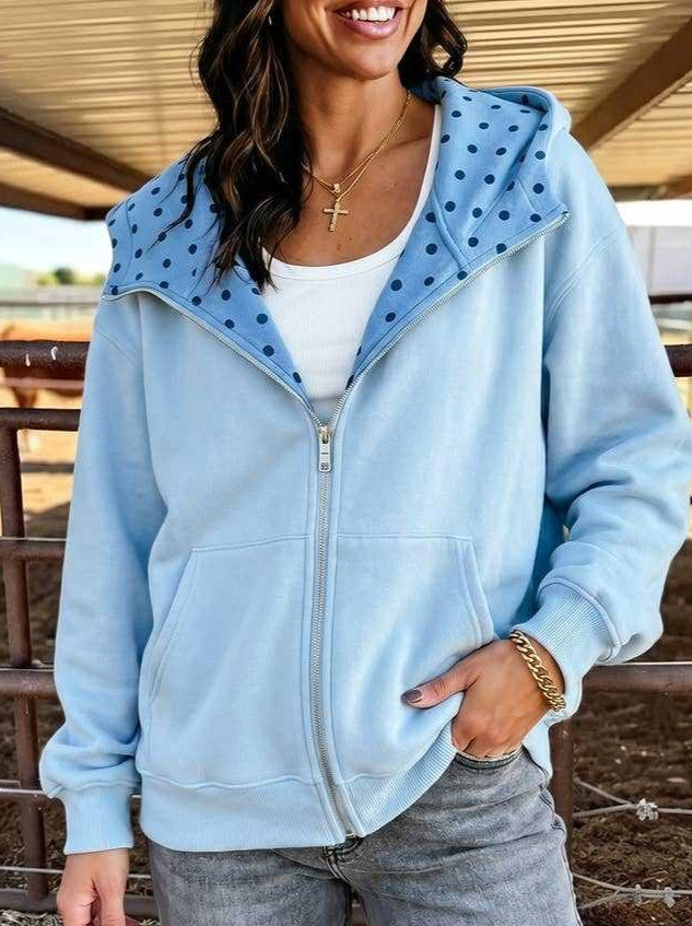 Western Yoke Zip Front Hooded Jacket - Blue - 1