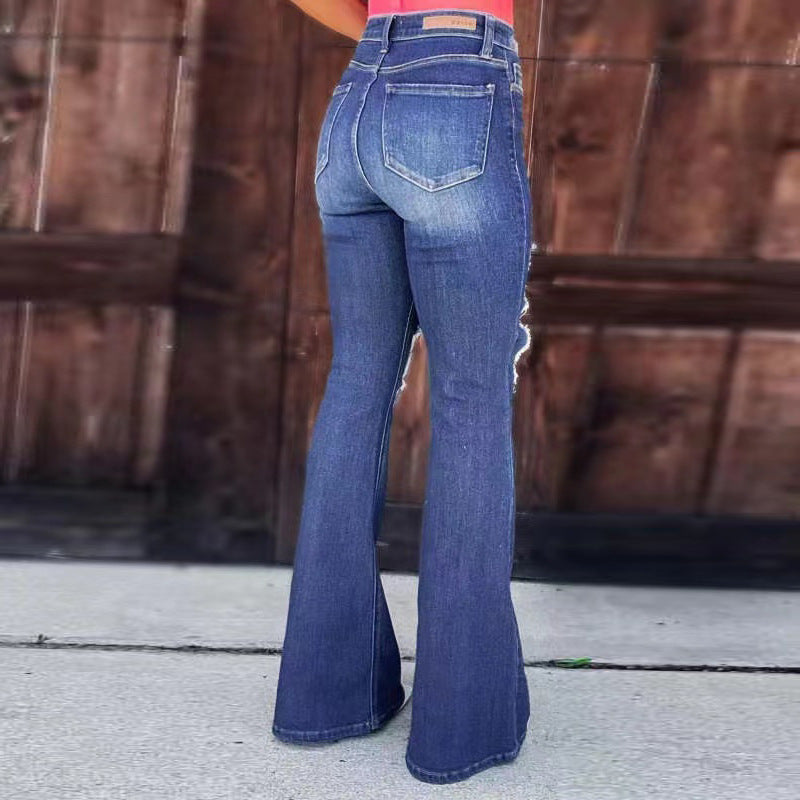 Ripped High Rise Flare Leg Jeans - blue