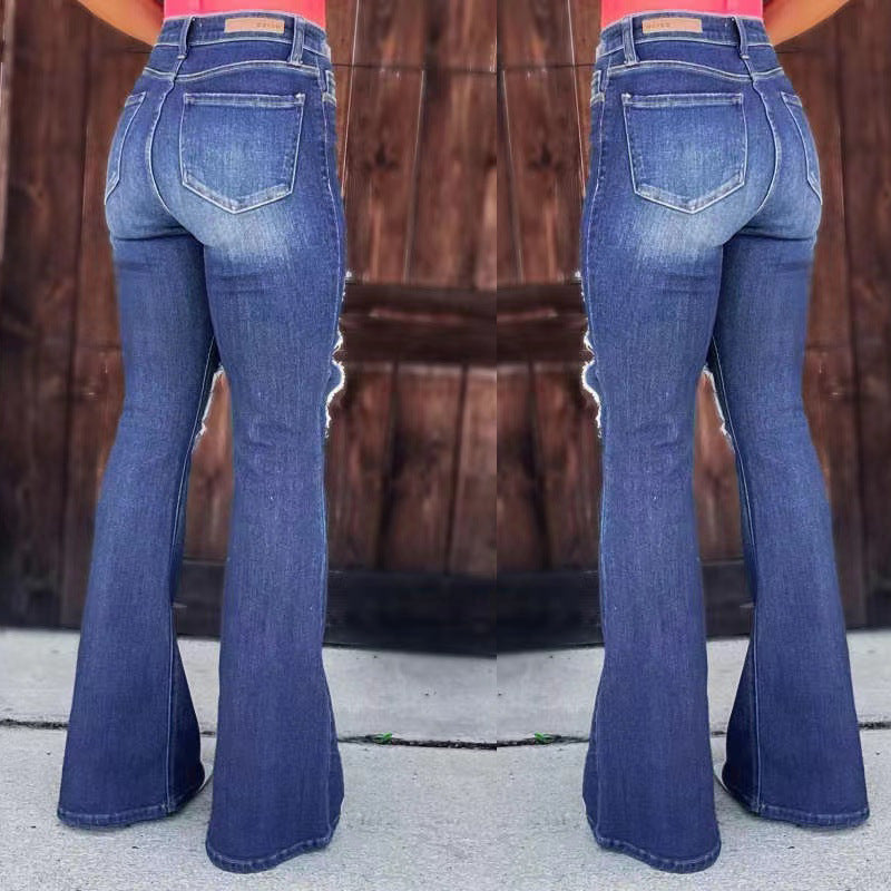 Ripped High Rise Flare Leg Jeans - blue - 1