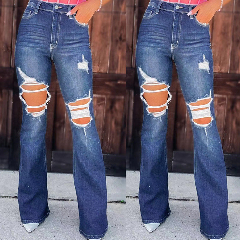 Ripped High Rise Flare Leg Jeans - blue - 2