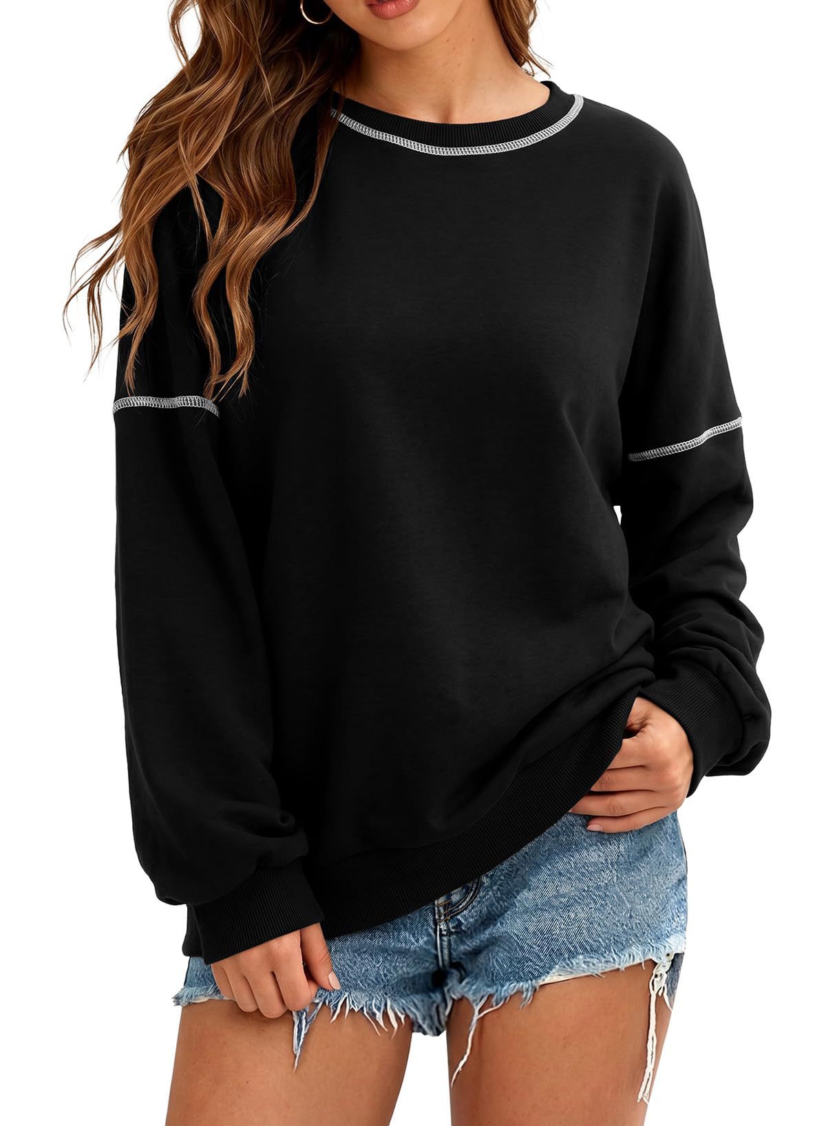 Exposed Seam Drop Shoulder Crewneck Sweatshirt - Black