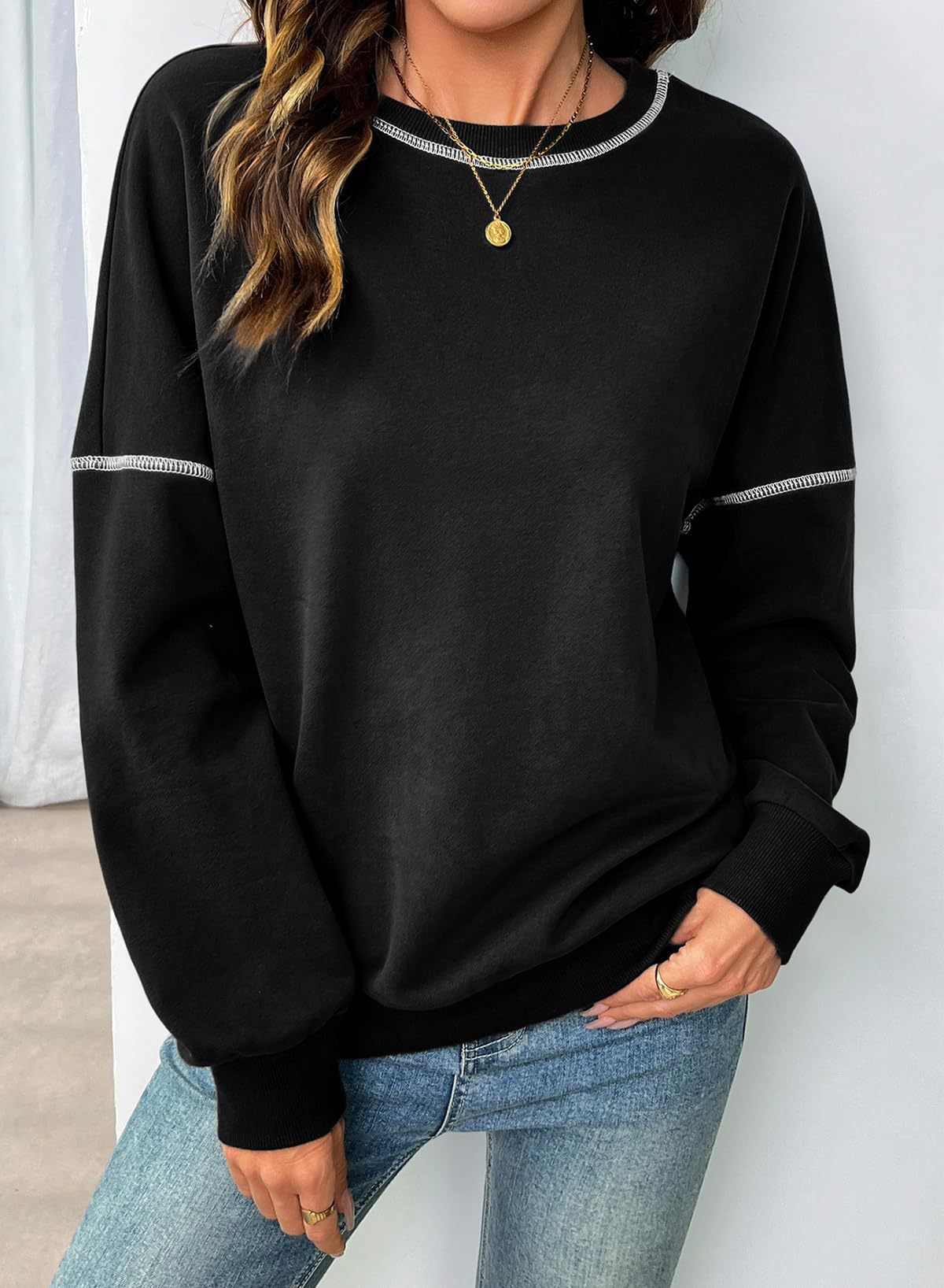 Exposed Seam Drop Shoulder Crewneck Sweatshirt - Black - 1
