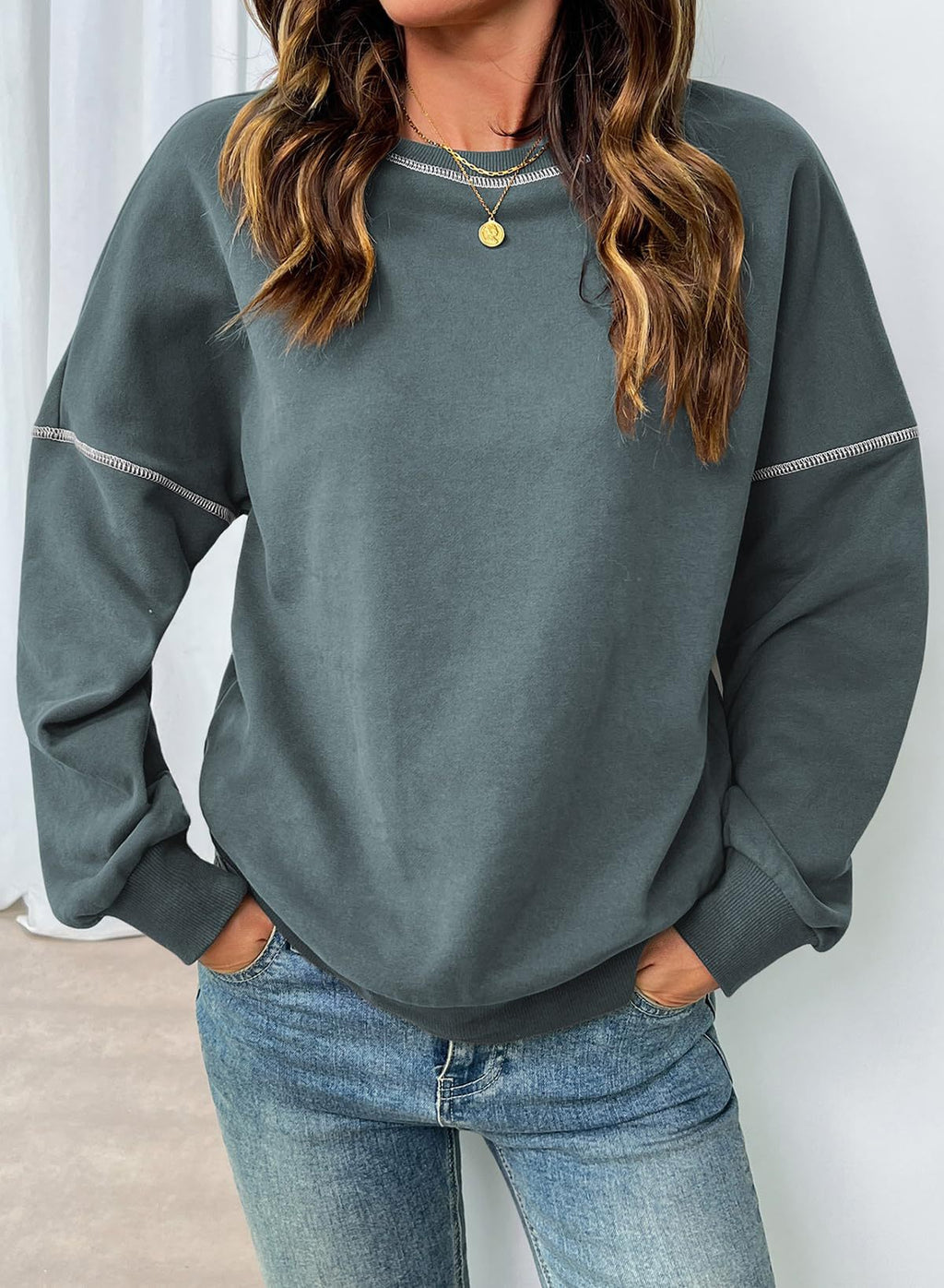 Exposed Seam Drop Shoulder Crewneck Sweatshirt - Blue - 1