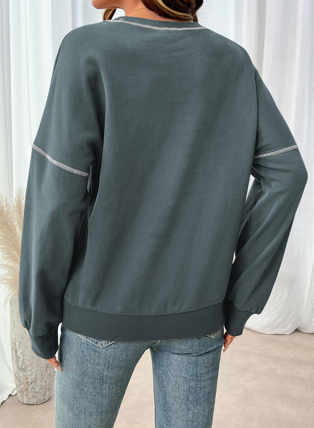 Exposed Seam Drop Shoulder Crewneck Sweatshirt - Blue - 2