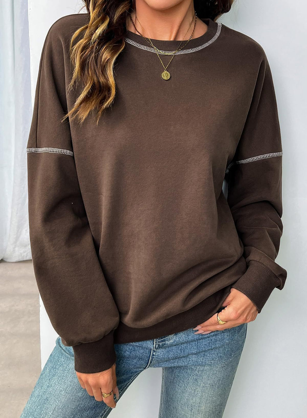 Exposed Seam Drop Shoulder Crewneck Sweatshirt - Coffee - 1