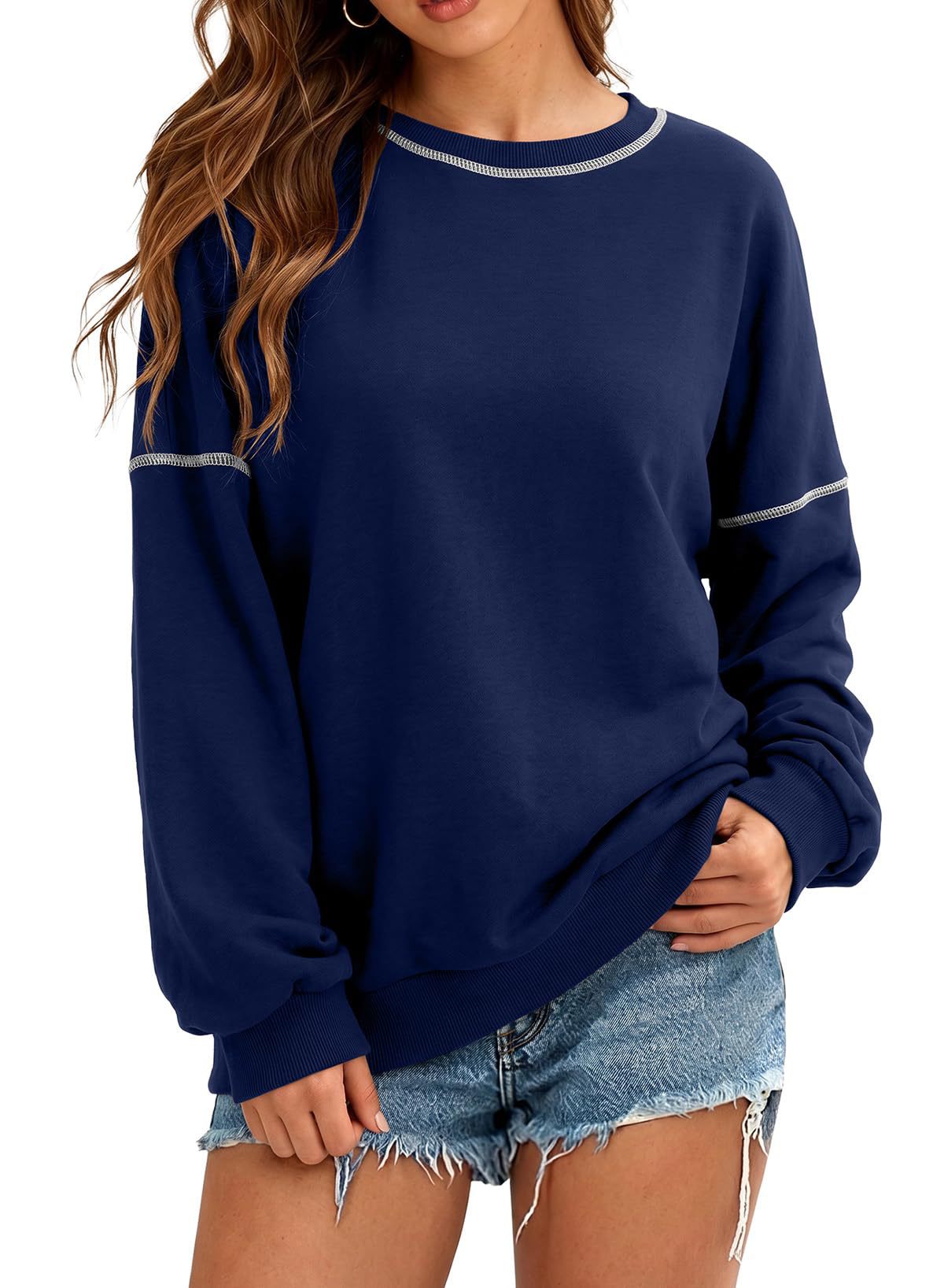 Exposed Seam Drop Shoulder Crewneck Sweatshirt - NavyBlue
