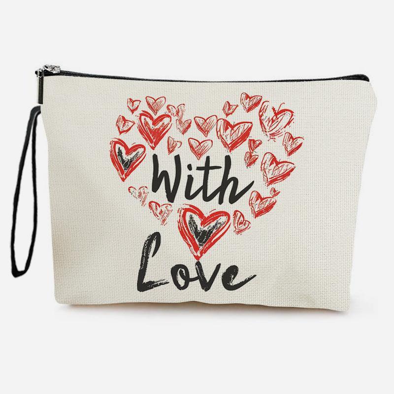 Heart Print Toiletry Pouch With Wristlet - White