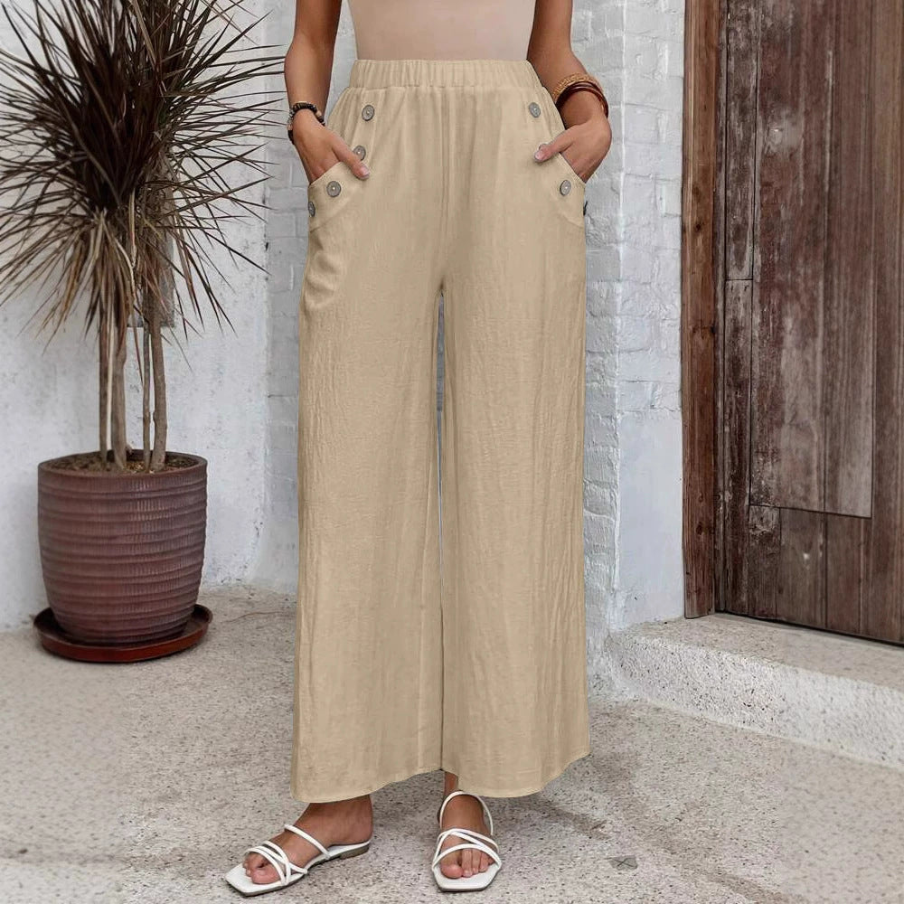 High Waist Wide Leg Button Pocket Pants - Khaki