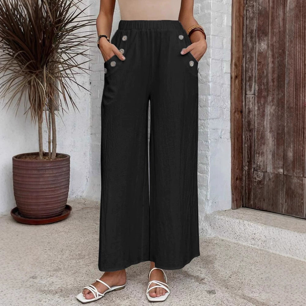 High Waist Wide Leg Button Pocket Pants - black