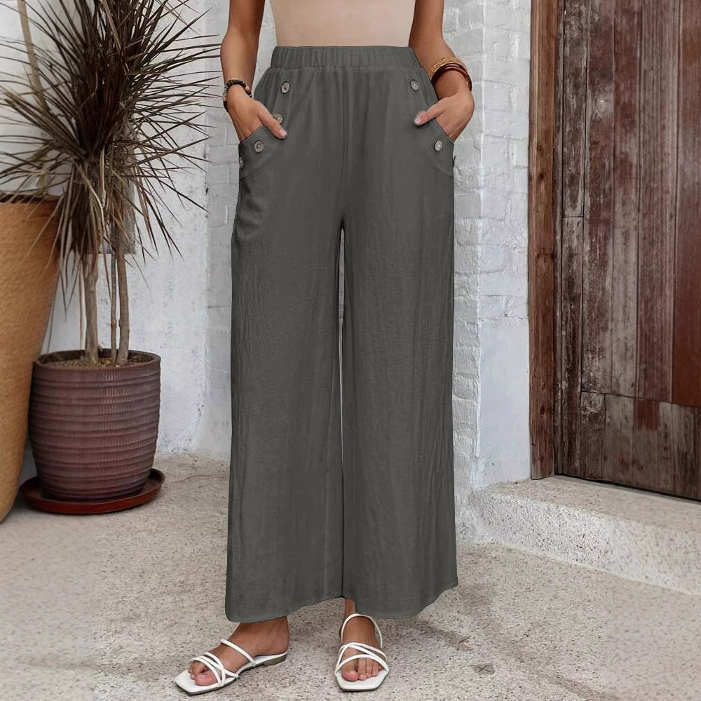 High Waist Wide Leg Button Pocket Pants - gray