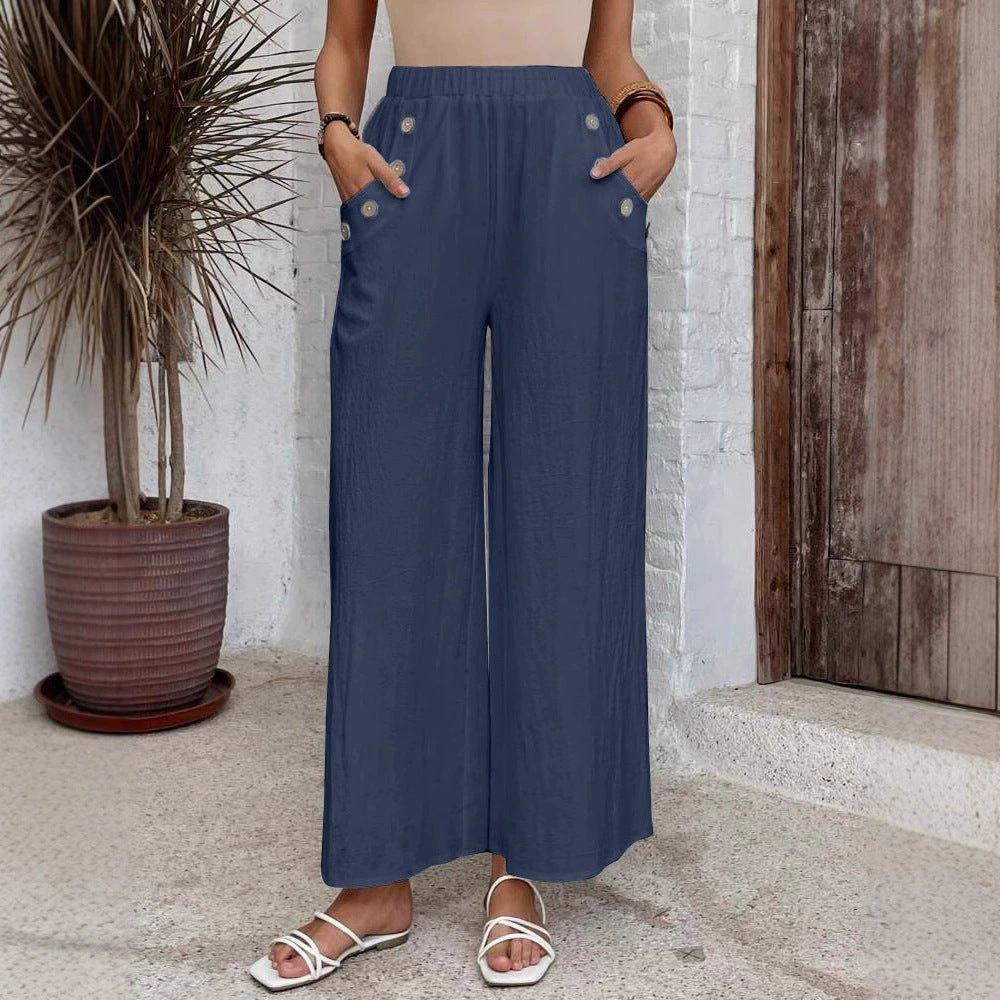 High Waist Wide Leg Button Pocket Pants - navy