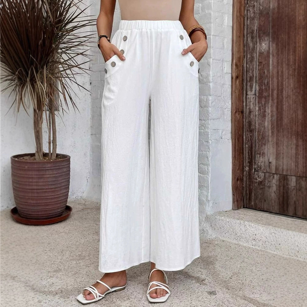 High Waist Wide Leg Button Pocket Pants - white