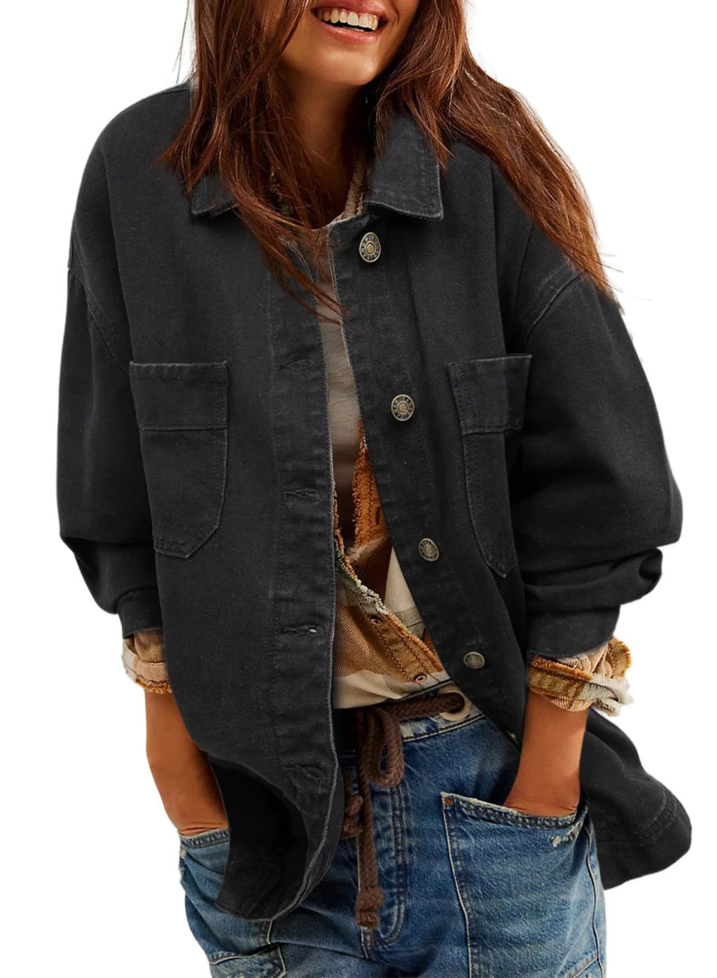 Relaxed Denim Overshirt Jacket for Layering - Black