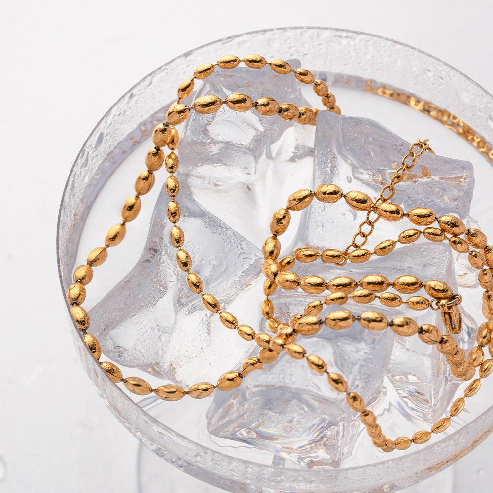 Double Layer Oval Bead Chain Necklace - Gold - 6