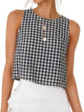 Gingham Check Sleeveless Tank With Button Back - Black